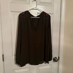 Women's Olive Green Blouse with Floral Embroidery